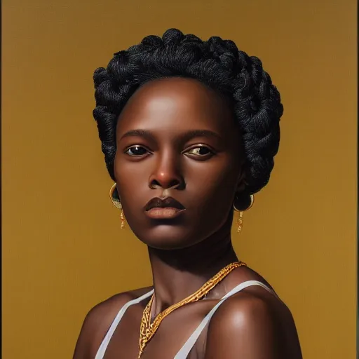 Image similar to A portrait of a thin trendy and gorgeous non-binary person, dark black skin tone, oil painting by Kehinde Wiley, majestic, detailed, high resolution