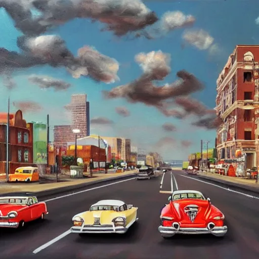 Prompt: 4K hyper realistic oil painting of 1950s city with old cars and a big speaker array in the sky booming techno music