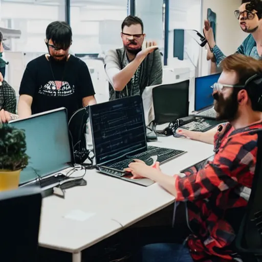 Prompt: A group of people making indie games in the office.