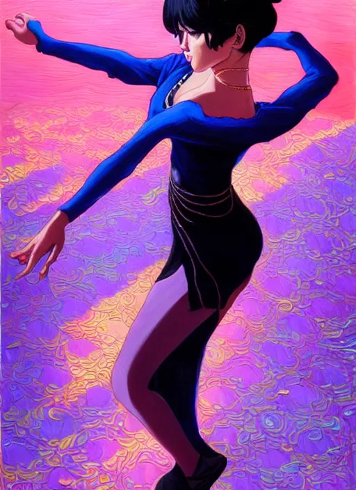 Image similar to a beautiful dancer with black hair in 1970's fashion, ballroom background, intricate, highly detailed, digital painting, artstation, official media, anime key visual, concept art, rich vivid colors, ambient lighting, sharp focus, illustration, art by Artgerm, Makoto Shinkai, Ilya Kuvshinov, Lois Van Baarle, and Rossdraws