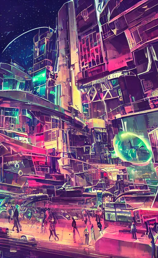 Image similar to lively futuristic sci-fi city superstructure, neon lights and illuminated windows, grungy textures and graffiti, crowds of people, cinematic street view, long sight lines with starry sky, clean 8k sci-fi illustration, trending on art station