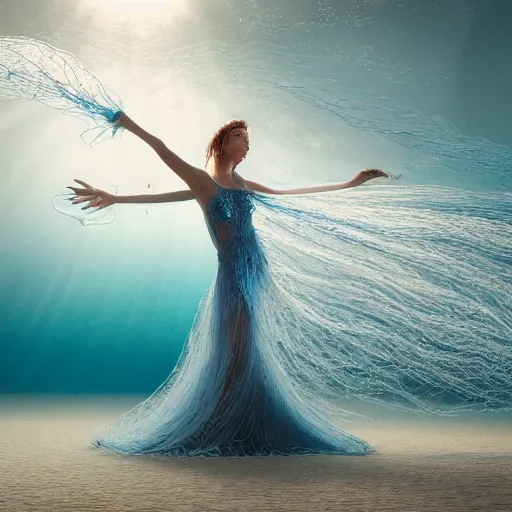 Prompt: a beautiful woman with long hair dancing underwater wearing a very long dress made of many translucent layers of silver and blue lace seaweed that twirls and flows sideways in the current, gentle ocean waves above cause the flicker of caustics lighting on the soft sandy bottom, bubbles flicker with large translucent swirling shapes in the background, octane render, cinematic, hyperdetailed
