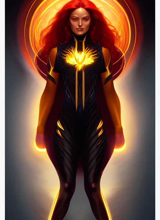 Image similar to symmetry portrait of the dark phoenix from x - men, glowing lights, intricate, elegant, highly detailed, digital painting, artstation, concept art, smooth, sharp focus, illustration, art by artgerm and greg rutkowski and alphonse mucha