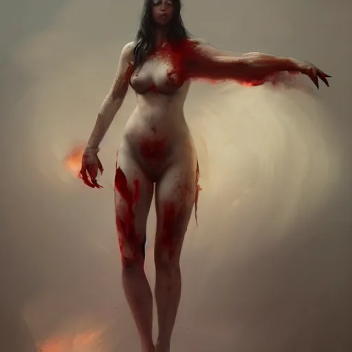 Image similar to painting of a woman thighs, gloomy, blood, fire, intricate, elegant, highly detailed, digital painting, artstation, concept art, matte, sharp focus, illustration, octane render, unreal engine, art by aenaluck and roberto ferri and greg rutkowski, epic fantasy, digital painting