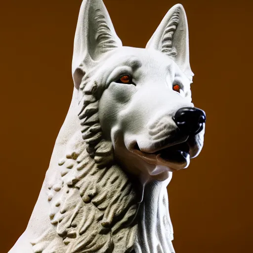 Prompt: detailed photo of a white shepherd statue made of gold, various posed, studio light, 8 k, photorealism, intricate detail, museum diffuse lighting