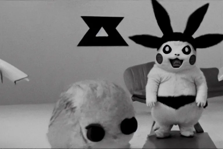 Prompt: Jack Nicholson dressed up in costume of Pikachu, still from the film by Stanley Kubrick