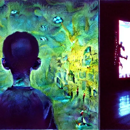 Image similar to 8k professional photo of an 8 years old enlightened and scared boy standing in front of an old computer from 90s with a game doom2 at the monitor screen in a vr vaporwave space, Beksinski impasto painting, part by Adrian Ghenie and Gerhard Richter. art by Takato Yamamoto, masterpiece. still from a movie by Gaspar Noe and James Cameron