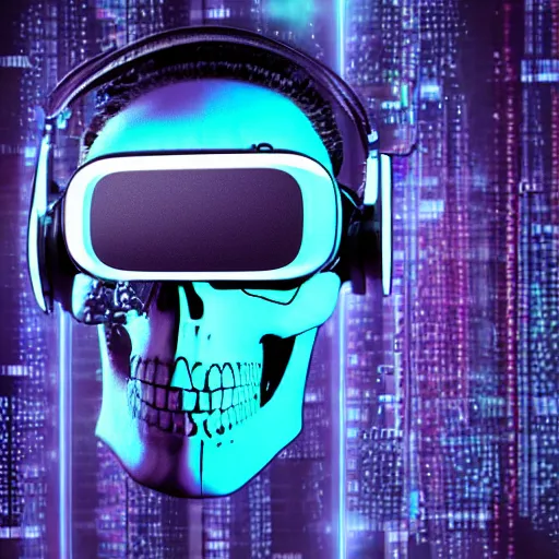 Image similar to a skull with a vr headset in a cyberpunk aesthetic, 4 k, with the word pixel written on the headset