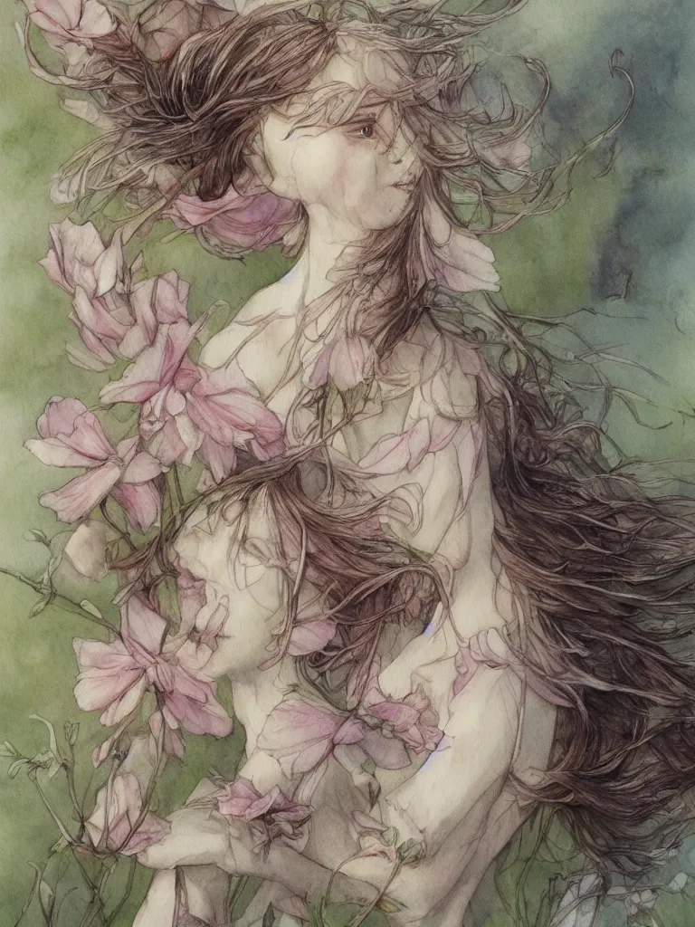 Image similar to study of a flower fairy, illustration, watercolor, alan lee, detailed, pretty, ethereal, realistic, artstation,