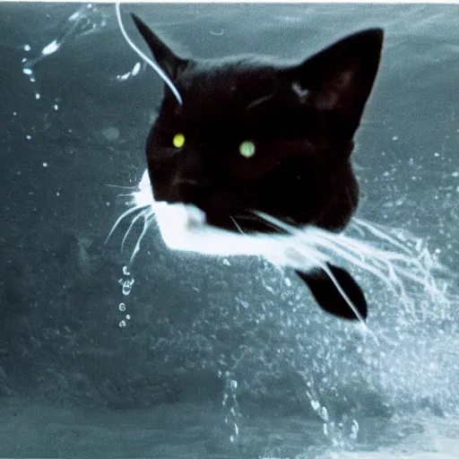 Image similar to vhs footage of a black cat swimming around underwater