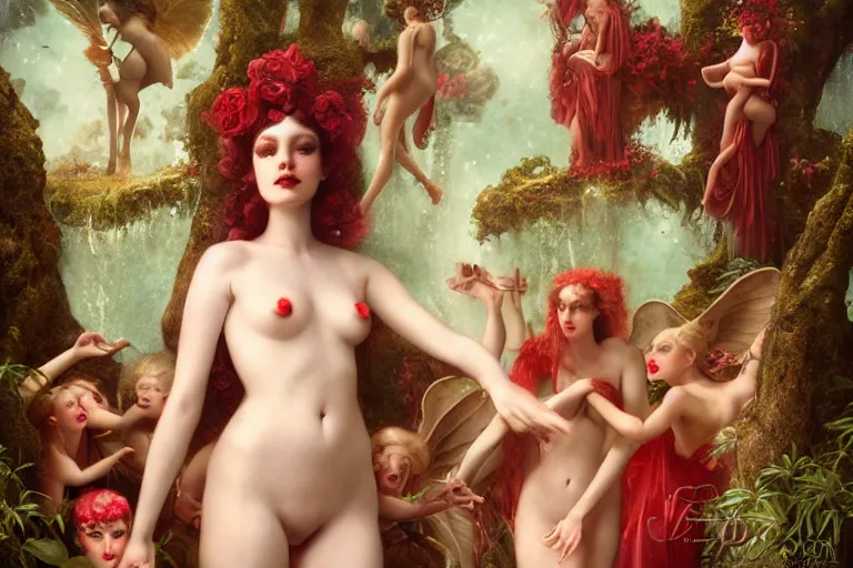 Image similar to the goddess of red solo cups surrounded by a court of nymphs, by tom bagshaw peter kemp