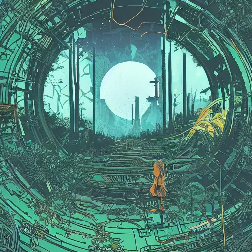 Image similar to Stunningly intricate illustration of a single cyberpunk explorer overlooking an ancient circular portal in a lush forest, highly detailed, midnight, by Victo Ngai and James Gilleard , Moebius, Laurie Greasley