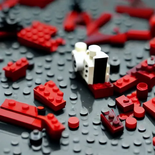 Image similar to photo of a lego set splattered with blood, shiny dark red blood splatter, dismembered lego minifigures