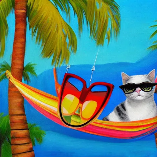 Prompt: colorful cat with sunglasses lounging in hammock between two palm trees detailed painting