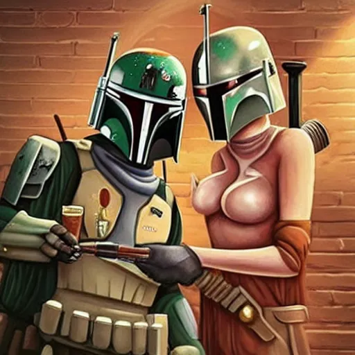 Prompt: Boba Fett and a beautiful young blonde drinking beer in a wine cellar, food, meat, schnapps, torches on the wall, romantic, inviting, cozy