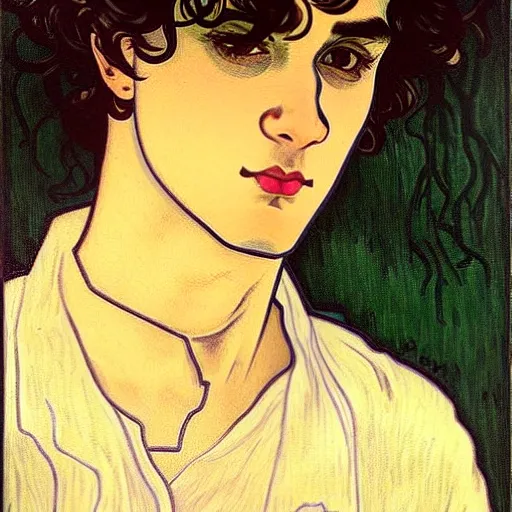 Prompt: painting of young cute handsome beautiful dark medium wavy hair man in his 2 0 s named shadow taehyung at the halloween matcha party, somber, depressed, melancholy, sad, elegant, clear, painting, stylized, delicate, soft facial features, delicate facial features, soft art, art by alphonse mucha, vincent van gogh, egon schiele