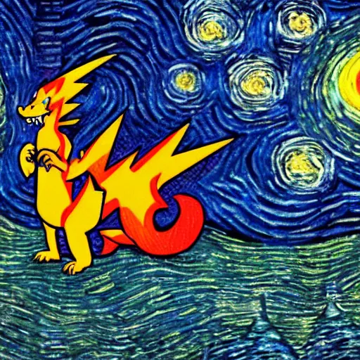 Image similar to charizard spitting fire, the background is the starry nights by van gogh, oil - on - canvas painting, hdr, 4 k