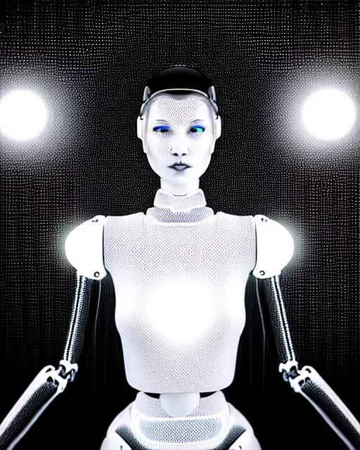 Prompt: black and white dreamy spiritual connected young female robot - cyborg high quality photo, microchip, artificial intelligence, bio - mechanical bio - luminescence, black wired cables, neurons, nerve cells, cinematic, rim light, photo - realistic, elegant, high detail, 8 k, masterpiece, high fashion