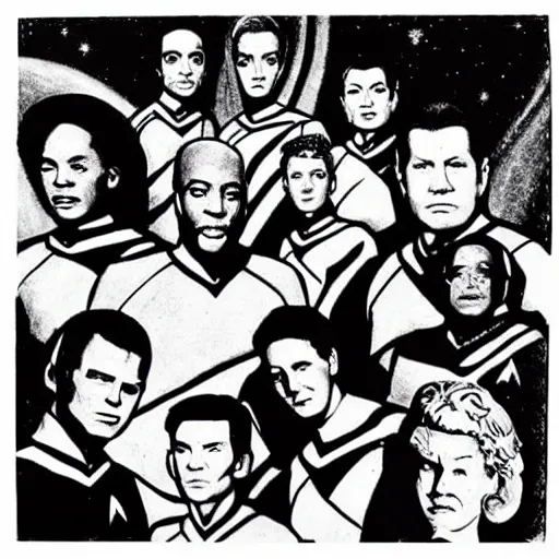 Image similar to “The cast of Star Trek posing for a group photo in the style of michelangelo”
