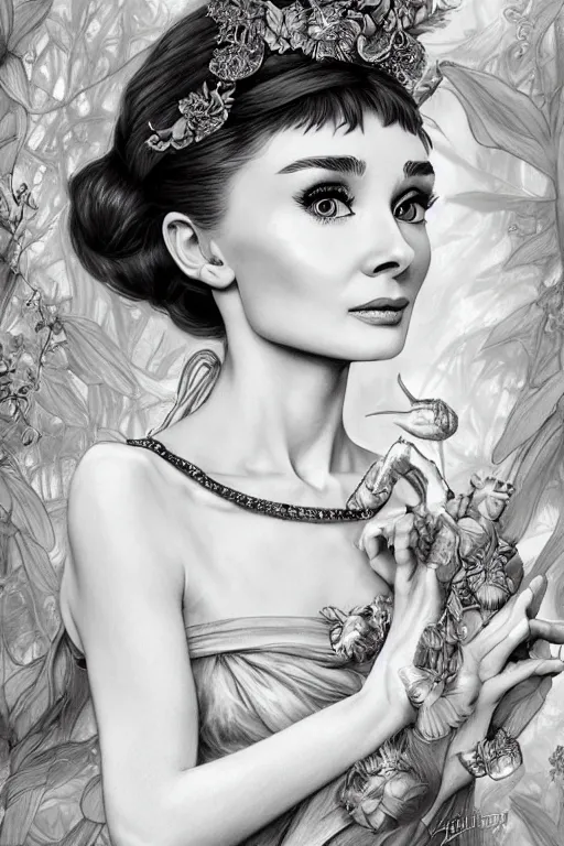 Image similar to Audrey Hepburn, cute, fantasy, intricate, elegant, highly detailed, digital painting, 4k, HDR, concept art, smooth, sharp focus, illustration, art by artgerm and H R Giger and alphonse mucha