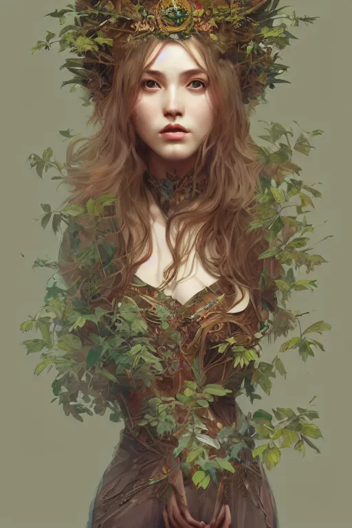 Image similar to full body portrait of forest queen akimbo highly detailed, digital painting, artstation, concept art, smooth and sharp focus, illustration, art by tian zi and wlop and alphonse mucha