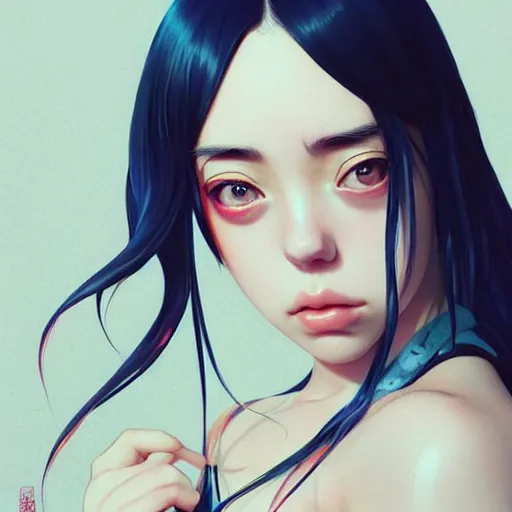 Image similar to a beautiful young japanese billie eilish kat dennings alluring instagram model in elaborate latex tank top, by guweiz and wlop and ilya kuvshinov and artgerm and makoto shinkai and studio ghibli, symmetrical eyes, aesthetic, gorgeous, stunning, alluring, attractive, artstation, deviantart, pinterest, digital art