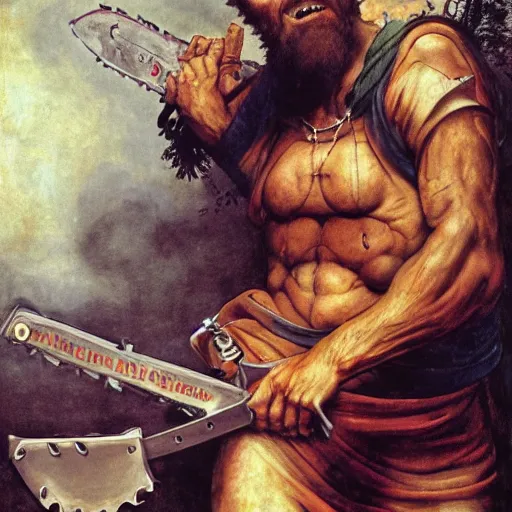 Prompt: jesus christ holding a chainsaw and looking like a maniac, digital painting, 4 k wallpaper, by hayao miyazaki, kentaro miura, by rembrandt, by moebius, by michelangelo, by frank frazetta, beautiful, holy, gorgeous, biblical