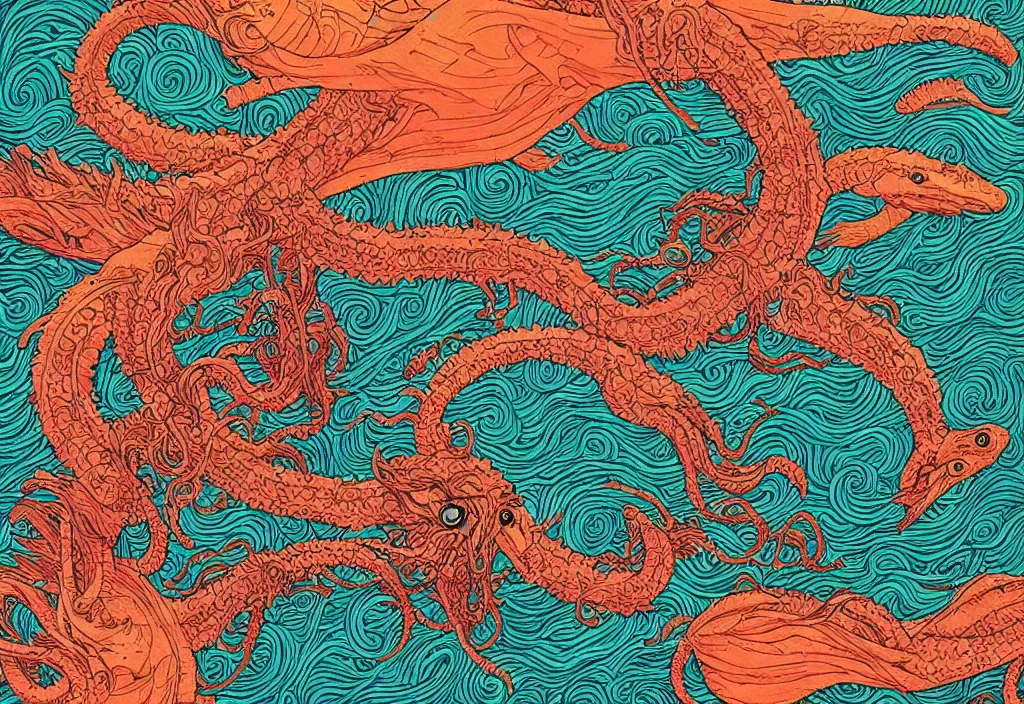 Image similar to Raman noodle sea monster by Feng Zhu and Loish and Laurie Greasley, Victo Ngai, Andreas Rocha, John Harris