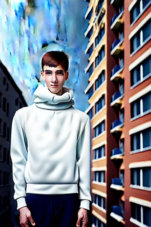 Image similar to un ultra high definition studio quality photographic art portrait of a young man standing on the rooftop of a british apartment building wearing soft padded silver pearlescent clothing. three point light. extremely detailed. golden ratio, ray tracing, volumetric light, shallow depth of field. set dressed.