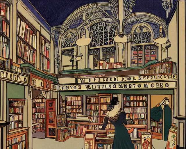 Prompt: bookstore filled with witches detailed painting art nouveau in the style of george barbier