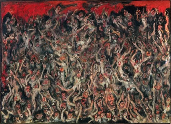 Prompt: mosh pit full of demons and beautiful women in hell ’ s nightclub, sfumato abstract oil on canvas, by rothko, by jackson pollock, by monet