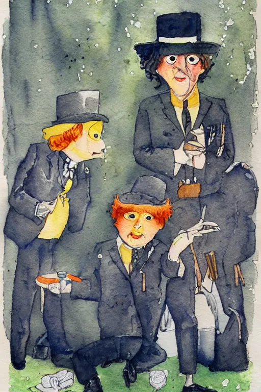 Prompt: a clockwork orange, children's book, melancholy, watercolor, illustrated