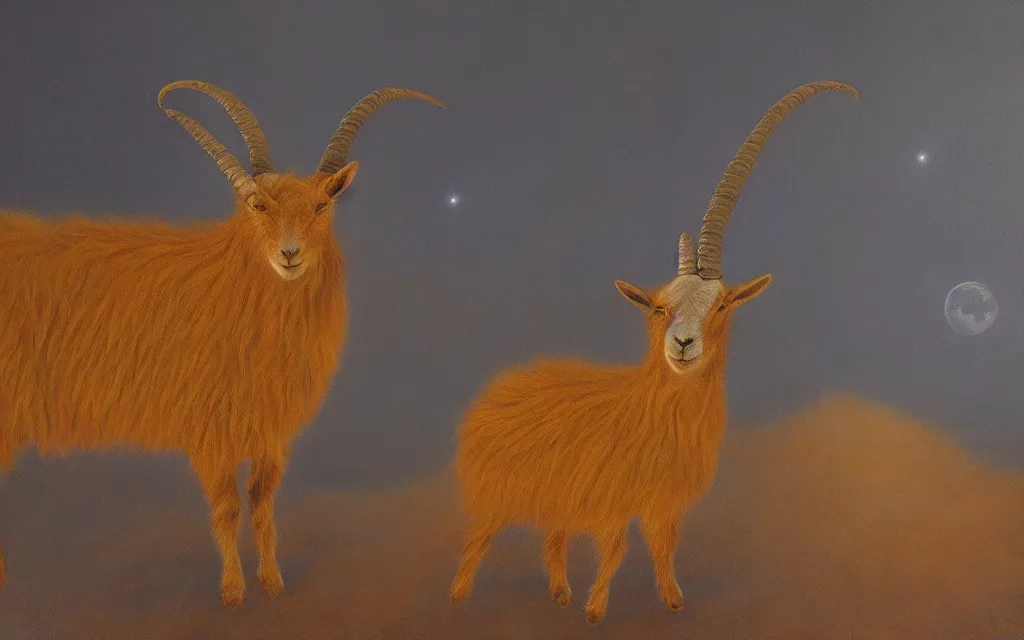 Image similar to satanic goat golden fur in silver desert at night (ethereal) (iridescent), award winning oil painting, lunar color palette