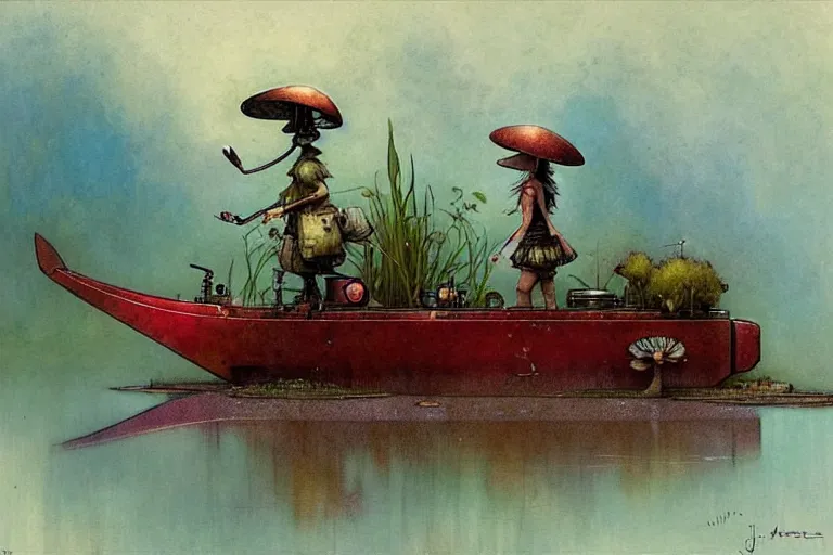 Prompt: adventurer ( ( ( ( ( 1 9 5 0 s retro future robot mouse house boat home. muted colors. swamp mushrooms. water lilies ) ) ) ) ) by jean baptiste monge!!!!!!!!!!!!!!!!!!!!!!!!! chrome red