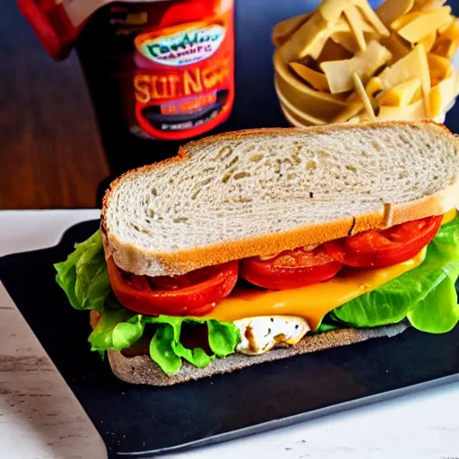 Image similar to sandwich with fried tofu, one red tomato slice, mayo, onion, avocado, melted cheddar, red dish, background : jupiter and stars in the sky