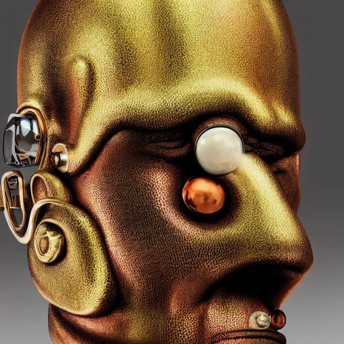 Prompt: homer simpson, photorealism by h. r. giger, tim burton, full colour spectrum, iridescent specular highlights, white biomechanical, gold, bronze, copper, chrome, titanium, supersampled, 8 k, beautify