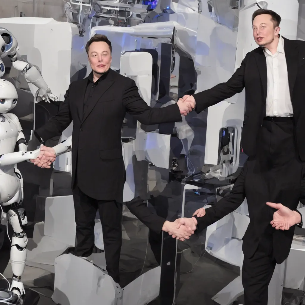 Image similar to photo pf a humanoid robot shaking hands with elon musk