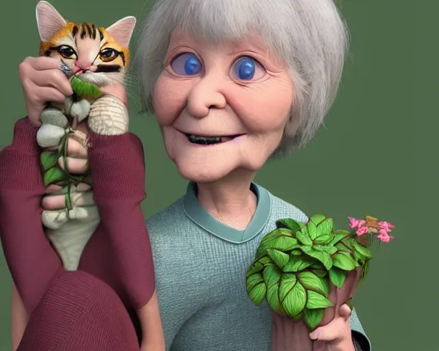 Image similar to detailed cartoon portrait of an old lady and her plant cat, pixar, sharp high quality 3d render