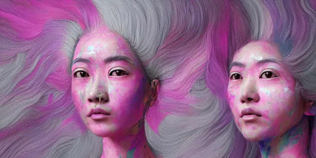 Image similar to a portrait of a very beautiful young asian goddess with pink and grey hair radiating an artwork made of swirling paint and impasto by wlop and lee griggs, background is multicoloured volumetric displacement, hyperrealism, subsurface scattering, arnold render, noise to volume, 8 k, houdini, xparticles