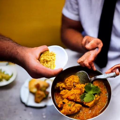 Image similar to photo of a man ecstatically eating a bowl of indian curry. weeping with joy, hands raised