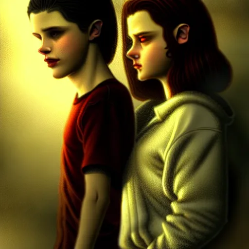 Image similar to Twilight version of Stranger Things, Portrait of Edward and Bella, diffuse lighting, fantasy, intricate, elegant, highly detailed, lifelike, photorealistic, digital painting, artstation, illustration, concept art, smooth, sharp focus, art by Artem Demura