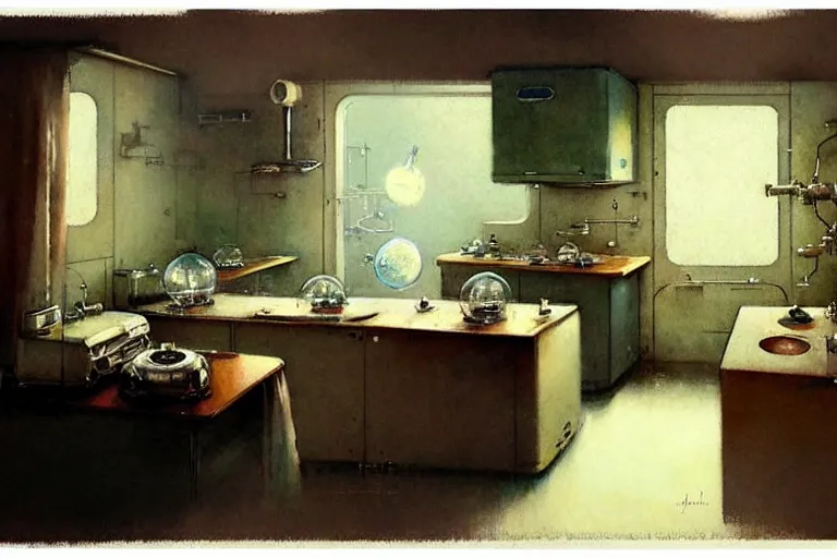 Image similar to ( ( ( ( ( 1 9 5 0 s retro science fiction kitchen interior scene. muted colors. ) ) ) ) ) by jean - baptiste monge!!!!!!!!!!!!!!!!!!!!!!!!!!!!!!