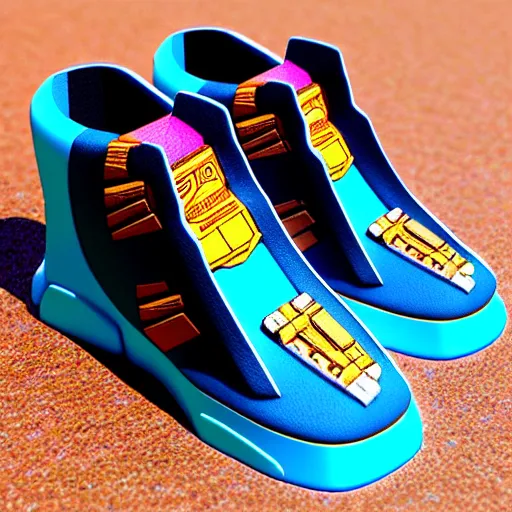 Image similar to realistic scultpure of sneaker! design, sneaker design overwatch fantasy style mixed with aztec mayan native street fashion, focus on sneakers only, shoes designed by akira toriyama and studio ghibli