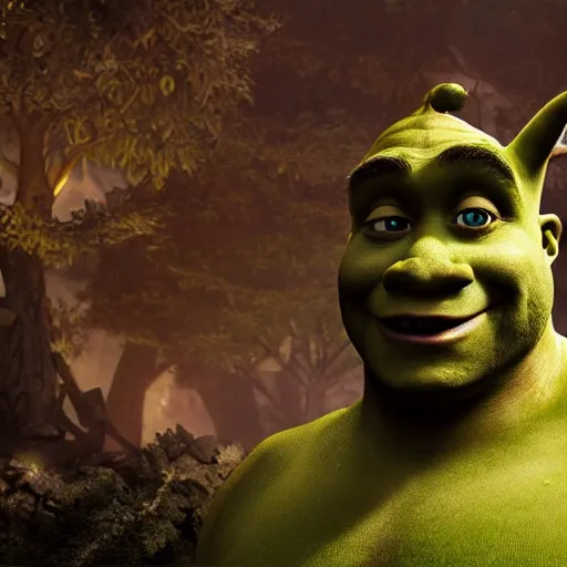 Image similar to shrek from shrek as a glorious devout shining powerful epic amazing awesome very handsome attractive muscular stylish knight in shining golden armor riding donkey, fantasy art, highly detailed, photorealistic, octane render, 8 k, unreal engine, art by leonardo devinci