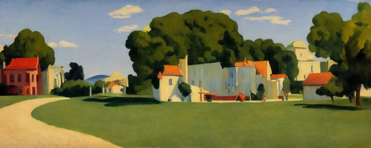 Prompt: an edward hopper style painting of ( ( ( ( ( ( ( ( balatonfured, a resort town in veszprem county, in hungary ) ) ) ) ) ) ) ), early - summer, june of 1 9 4 8