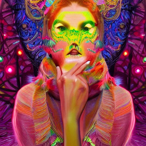 Image similar to a photograpic portrait of a anthropomorphic mimosa wearing colorful neon clothes, fantasy, intricate, elegant, highly detailed, digital painting, artstation, concept art, smooth, sharp focus, illustration, art by artgerm and H R Giger and alphonse mucha