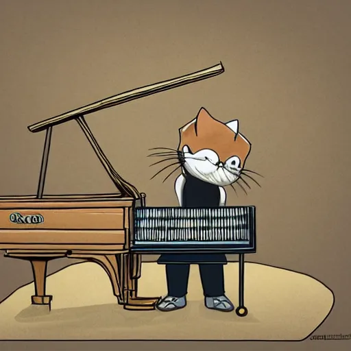 Image similar to cute cartoon cat playing the piano, style of moebius, james jean, mcbess, cinematic, highly detailed, award winning, 8 k photorealistic