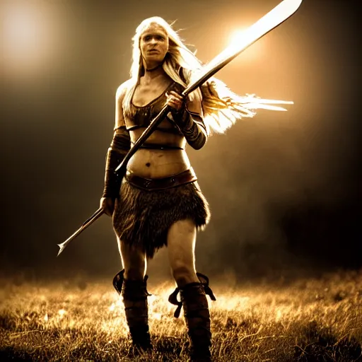 Image similar to a photograph of viking shield maiden in the battlefield, action movie, movie still, cinematic, filmic, dramatic, volumetric light