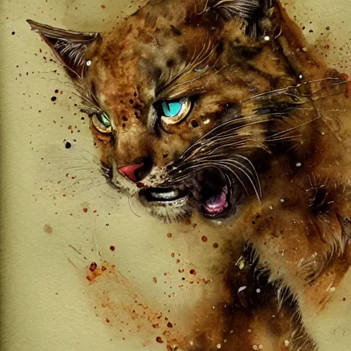 Image similar to vicious roaring kitty by Jean-Baptiste Monge, post processing, painterly, book illustration watercolor granular splatter dripping paper texture. Trending on artstation, post processing, pen and ink work. sharp focus.