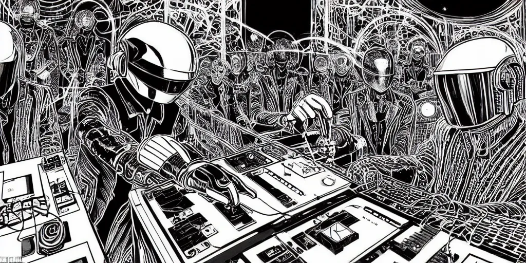 Image similar to intricate detailed artwork of Daft Punk using dj controller at an underground rave party in Ibiza, playing techno house music LOUD, thousands of beautiful girls in bikini dancing on the dancefloor, in the style of Moebius, wires, speakers, black and white ink, some ink drips